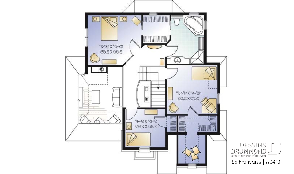 Étage - Plan de maison avec grande cuisine, îlot, foyer et plafond 18' au séjour, espace boni, 3 chambres - La Française