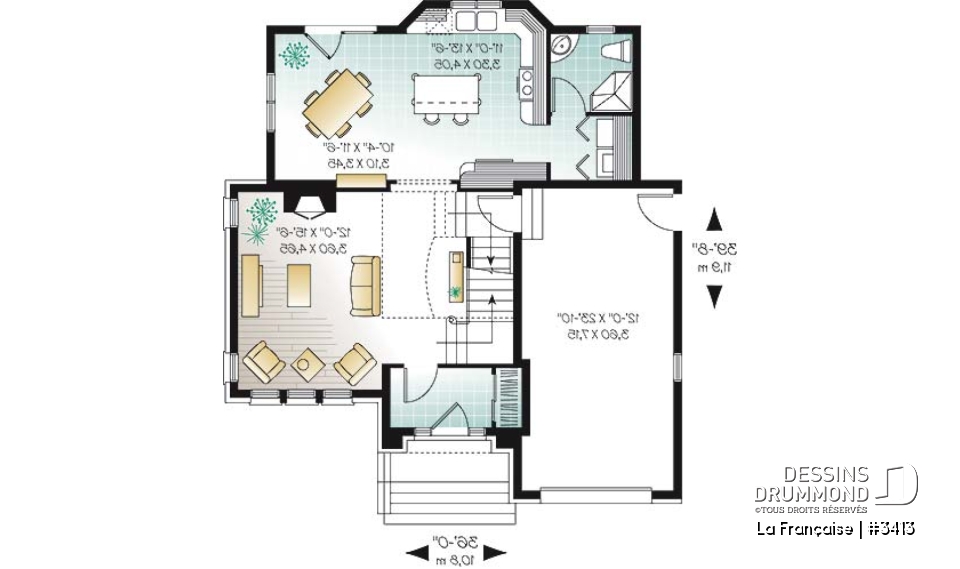 Rez-de-chaussée - Plan de maison avec grande cuisine, îlot, foyer et plafond 18' au séjour, espace boni, 3 chambres - La Française