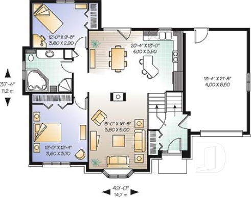 Rez-de-chaussée - Plain-pied à entrée split, petit budget, plafond cathédrale, foyer central, cuisine avec îlot - Gauloise