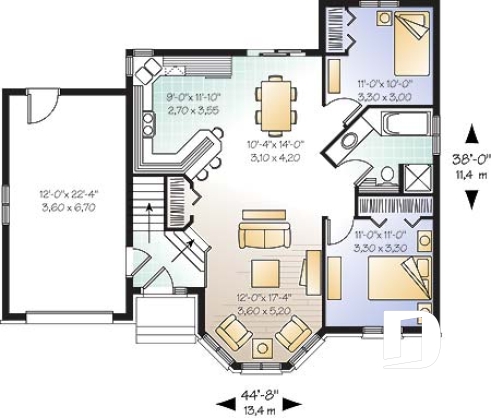 Rez-de-chaussée - Plan de maison à entrée split, séjour bien fenêtré, 2 chambres, s-s à aménager, 1 salle de bain complète - Bellisima