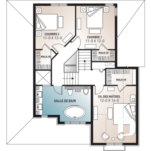 Étage - Plan de maison traditionnelle avec garage et 3 chambres, vestibule à l'entrée, terrasse abritée - Evelyn 3