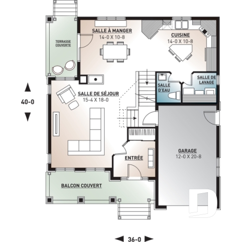 Rez-de-chaussée - Plan de maison traditionnelle avec garage et 3 chambres, vestibule à l'entrée, terrasse abritée - Evelyn 3