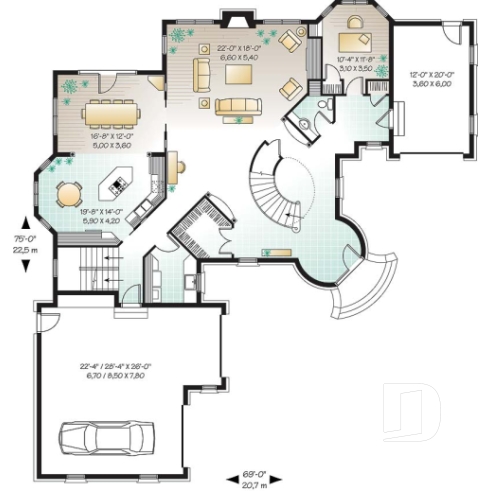 Rez-de-chaussée - Plan de maison somptueuse, 3 à 4 chambres, grande cuisine avec coin déjeuner, bureau, garage triple - Eluney