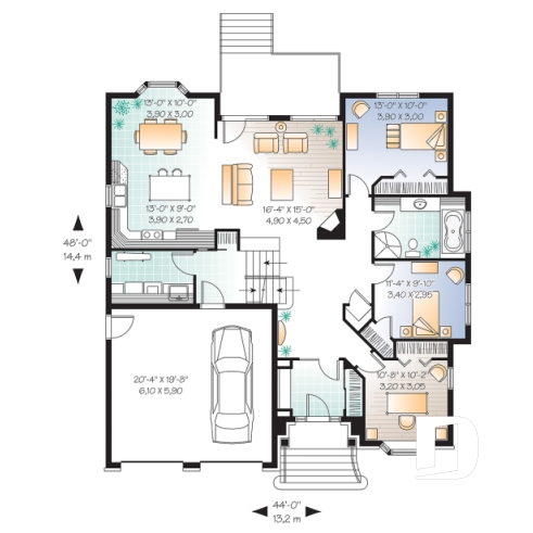 Rez-de-chaussée - Plan de cottage avec suite des maîtres sur tout l'étage, garage double, 3 chambres + bureau à domicile, foyer - Lys