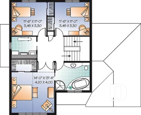 Étage - Plan maison champêtre, 3 chambres, garage, salon en contrebas, salle lavage à l'étage - Chandonnet