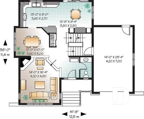 Rez-de-chaussée - Plan maison champêtre, 3 chambres, garage, salon en contrebas, salle lavage à l'étage - Chandonnet