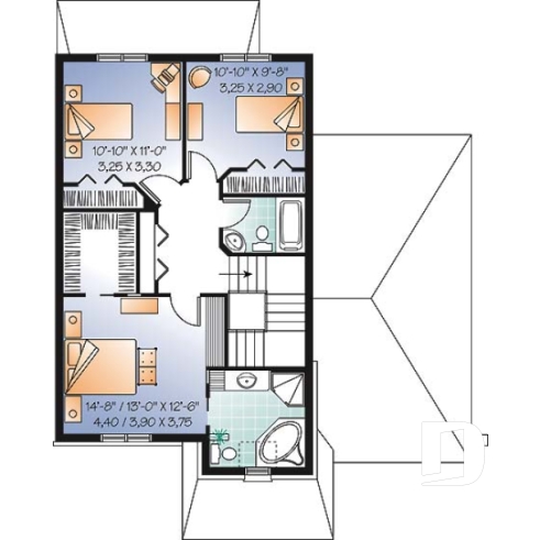 Étage - Plan de maison style manoir, pour terrain étroit, 3 chambres, garage et coin déjeuner - Perry