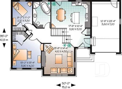 Rez-de-chaussée - Plan de maison à pallier, 2 chambres, grande cuisine avec îlot et garage simple - Descartes 