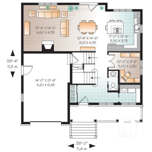Rez-de-chaussée - 2 étages, plan de maison champêtre avec pierres, cuisine / séjour à aire ouverte, 3 grandes chambres, garage - Dempsey 3