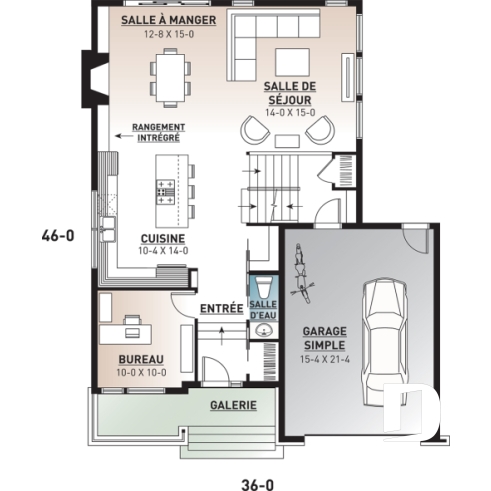 Rez-de-chaussée - Plan de maison contemporaine originale, 3 chambres + bureau à domicile, ilôt et garde-manger à la cuisine - Lily 2