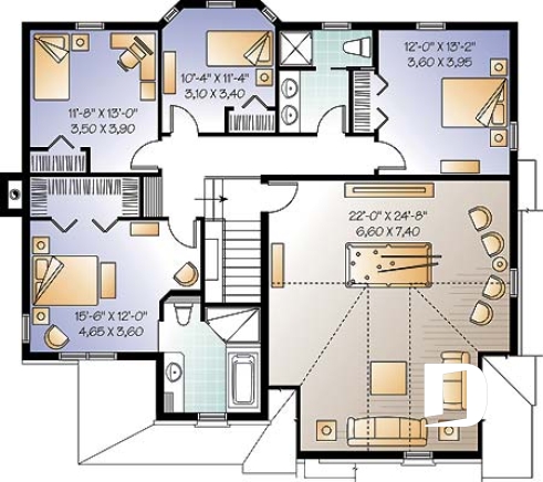 Étage - Plan de maison avec 4 chambres sur même plancher, salon & salle familiale, bureau à domicile, garage double - Castera 2