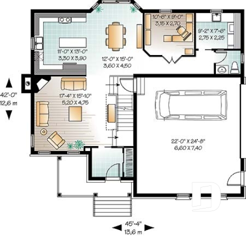 Rez-de-chaussée - Plan de maison avec 4 chambres sur même plancher, salon & salle familiale, bureau à domicile, garage double - Castera 2