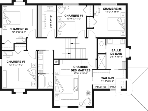 Étage - Plan de maison de style Grange moderne, 5 chambres à l'étage, 2.5 s. de bain, garage, vestibule, garde-manger - La Villa