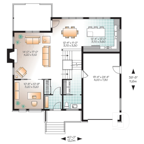 Rez-de-chaussée - Plan de maison contemporaine, 3 à 4 chambres + bureau, avec garage, îlot, foyer, buanderie rez-de-chaussée - Odyssée