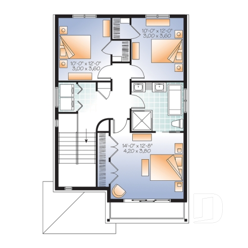 Étage - Plan maison de ville 3 chambres, garage, terrain étroit, 2 salles familiales, garde-manger, îlot - Electra