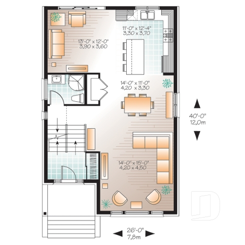 Rez-de-chaussée - Plan maison de ville 3 chambres, garage, terrain étroit, 2 salles familiales, garde-manger, îlot - Electra