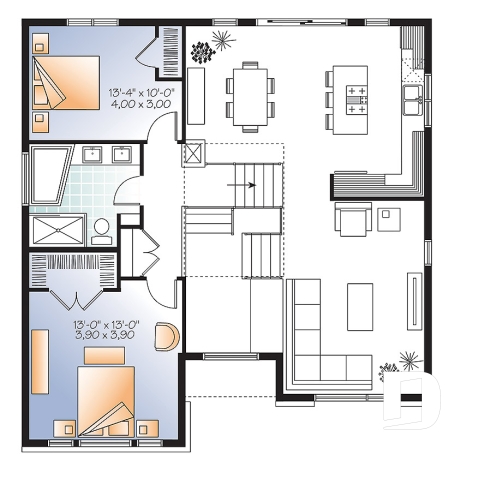 Étage - Plan de modèle contemporain, split-level, 3 chambres de bon format, grande cuisine avec îlot et garage - Logan