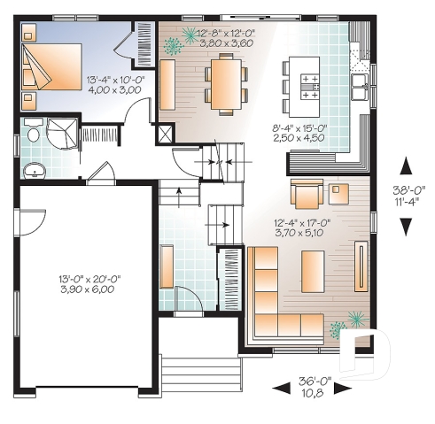 Rez-de-chaussée - Plan de modèle contemporain, split-level, 3 chambres de bon format, grande cuisine avec îlot et garage - Logan