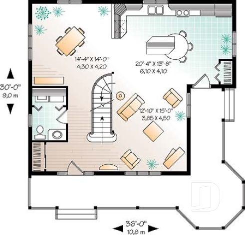 Rez-de-chaussée - Plan de maison champêtre, 3 chambres, cuisine à la façon campagne, balcon à l'étage - Fougère 2