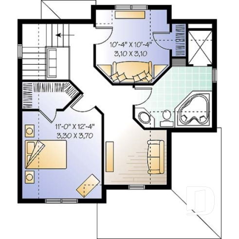 Étage - Plan de maison Tudor abordable, 2 chambres, aire ouverte, salle de lavage au premier, walk-in - Arnaud