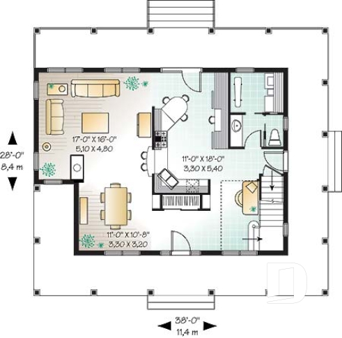 Rez-de-chaussée -  Plan de maison champêtre, bord de lac, 3 chambres, coin bureau, foyer double face - La Rive 