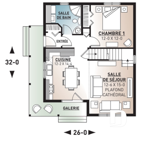 Rez-de-chaussée - Plan de Cottage abordable, 2 à 3 chambres, galerie abritée, plafond cathédrale au séjour, mezzanine à l'étage - Celeste 