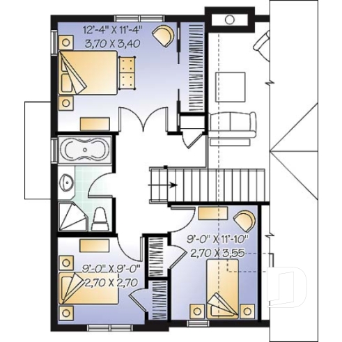 Étage - Plan de maison champêtre, 3 chambres, vestiaire à l'entrée, aire ouverte, foyer, plafond cathédral - Pisonne