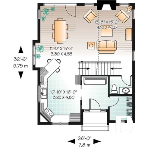 Rez-de-chaussée - Plan de maison champêtre, 3 chambres, vestiaire à l'entrée, aire ouverte, foyer, plafond cathédral - Pisonne
