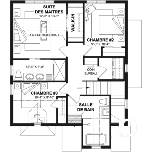 Étage - Plan de maison d'inspiration anglaise, proposant 3 chambres à l'étage et un s-sol finition optionnel - Hazel 2