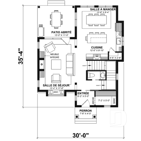 Rez-de-chaussée - Plan de maison d'inspiration anglaise, proposant 3 chambres à l'étage et un s-sol finition optionnel - Hazel 2