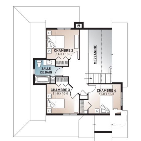 Étage - Plan de maison style fermette, 4 chambres, 2 salles de bain, superbe secteur cuisine et salon avec foyer - La Bastide 2