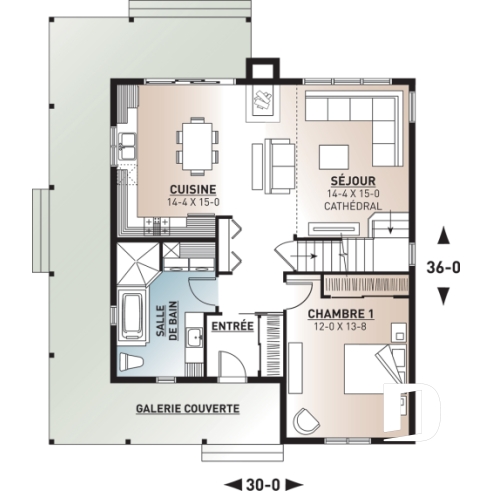 Rez-de-chaussée - Plan de maison style fermette, 4 chambres, 2 salles de bain, superbe secteur cuisine et salon avec foyer - La Bastide 2