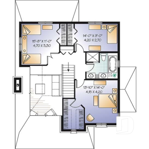 Étage - Plan de maison avec mezzanine, style manoir, 3 chambres, bureau à domicile - Cléo 