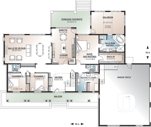 Rez-de-chaussée - Plan de style bungalow avec 5 à 6 chambres, garage triple, solarium avec spa, plafond 9' sur tout le r-d-c  - L'Américaine