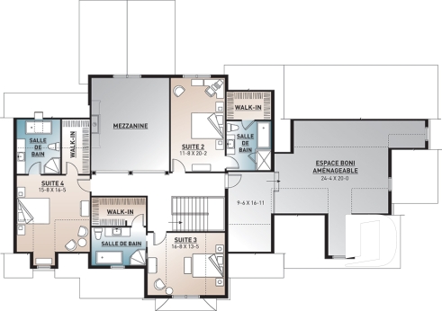 Étage - Plan maison 4 chambres, 4.5 salles de bain, bureau, espace boni, bureau, grande buanderie, garage triple - Joachim
