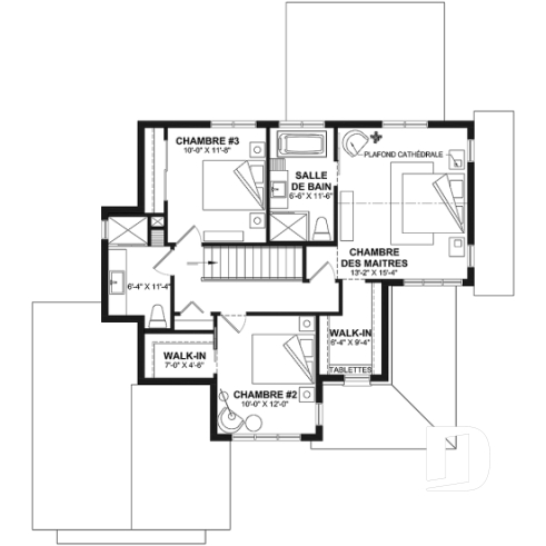 Étage - Plan maison farmhouse, 3 chambres, garage, bureau, grande terrasse abritée, vestiaire, garde-manger - Sunny Haven