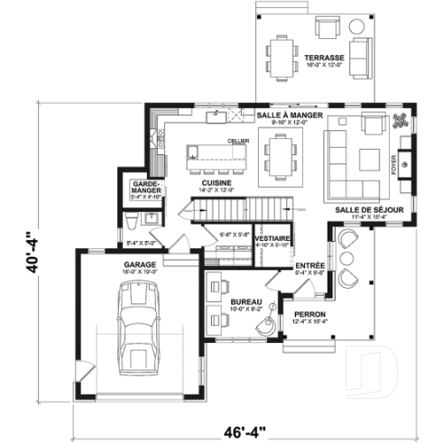 Rez-de-chaussée - Plan maison farmhouse, 3 chambres, garage, bureau, grande terrasse abritée, vestiaire, garde-manger - Sunny Haven