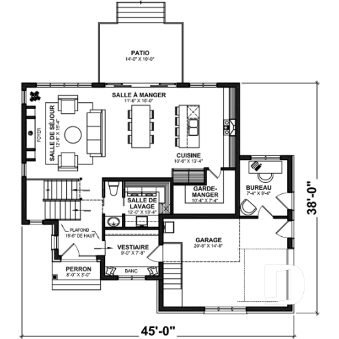 Rez-de-chaussée - Plan de maison avec planchers bien pensés: garde-manger, vestiaire, bureau, foyer, aire ouverte - Sunny Haven 3