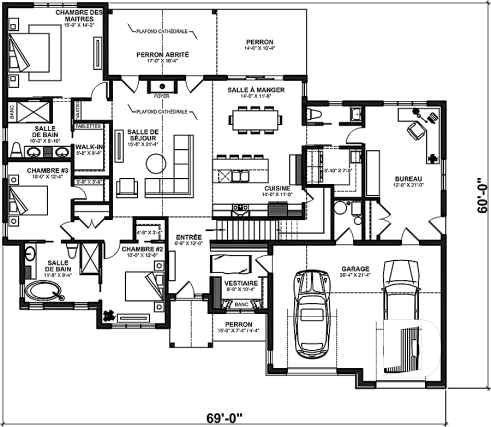 Rez-de-chaussée - Plan de maison 3 à 6 chambres + bureau, garage double, vestiaire, garde-manger suite des maîtres - Robin