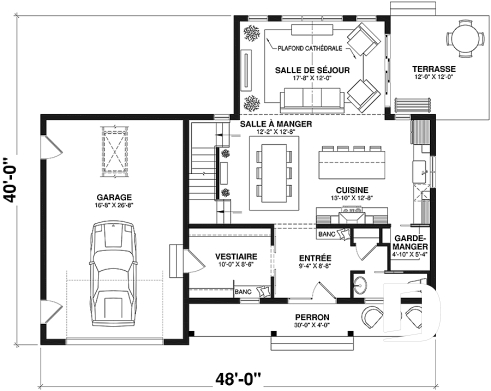 Rez-de-chaussée - Plan de maison champêtre lumineuse avec plafond cathédrale, suite parentale et accents rustiques. - Oaks