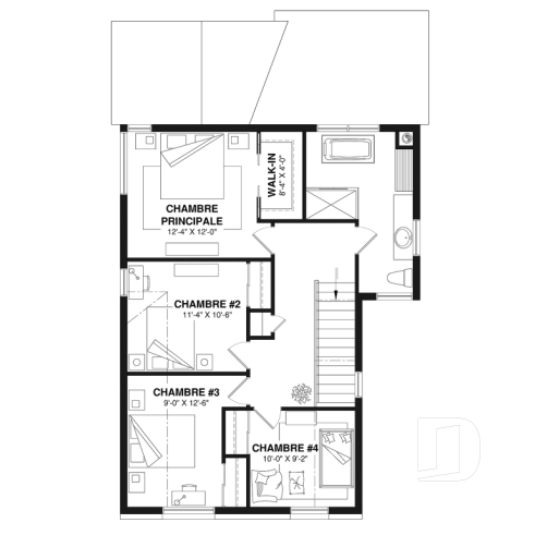 Étage - Plan de maison scandinave lumineuse avec foyer, plafond cathédrale et possibilité de 7 chambres - Nora