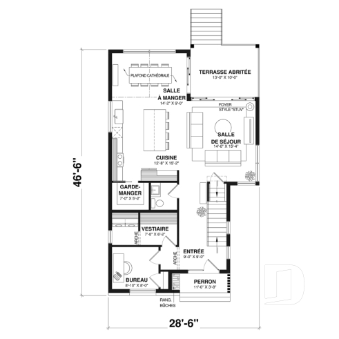 Rez-de-chaussée - Plan de maison scandinave lumineuse avec foyer, plafond cathédrale et possibilité de 7 chambres - Nora