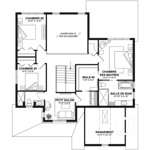 Étage - Plan de Maison de Ferme ou Farmhouse proposant 3 chambres, 2.5 s.de bain, garage avec établi, terrasse abritée - Charlie