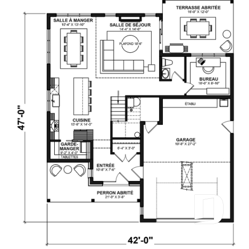 Rez-de-chaussée - Plan de Maison de Ferme ou Farmhouse proposant 3 chambres, 2.5 s.de bain, garage avec établi, terrasse abritée - Charlie