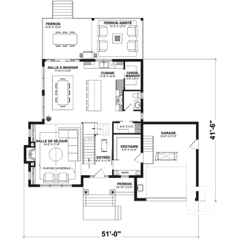 Rez-de-chaussée - Plan de maison farmhouse moderne 2 à 4 chambres, garage, superbe salon à l'avant avec cathédrale et foyer - Belanger