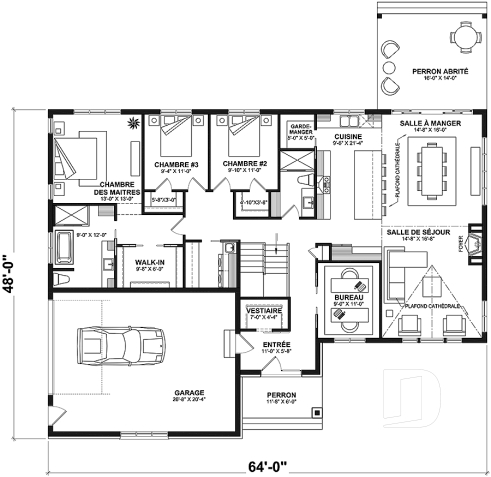 Rez-de-chaussée - Grand plain-pied avec 3 chambres, bureau, garage, vestiaire, garde-manger, plafond cathédral, foyer - Pinewood