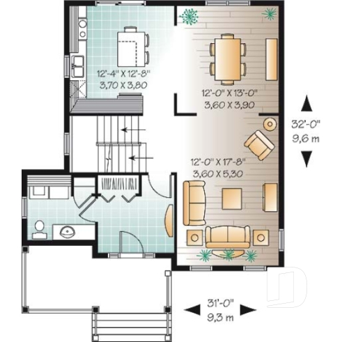 Rez-de-chaussée - Plan de maison style transitionnel, 3 chambres, grand vestibule fermé, buanderie au rez-de-chaussée - Cayenne 3