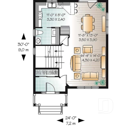Rez-de-chaussée - Plan de maison champêtre à étage, construction économique, 3 chambres, vestibule beau format, aire ouverte - Chester