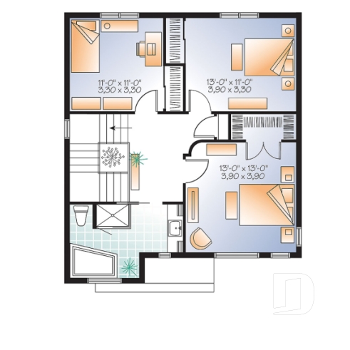Étage - Plan de maison moderne 3 chambres, modèle contemporain à aire ouverte, buanderie et salle d'eau - Célestine
