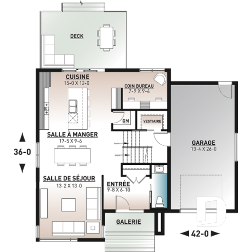Rez-de-chaussée - Plan de maison moderne scandinave, 3 chambres, garage, garde-manger, vestiaire, buanderie à l'étage - Séquoïa 3